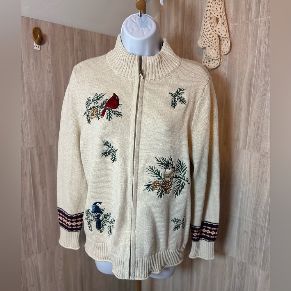 Christopher & Banks Cream Sweater Cardigan Embroidered Birds